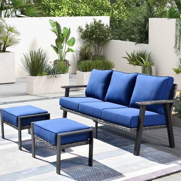 OVIOS Outdoor 3piece Wicker Sectional Sofa Set With Ottoman Steel Frame