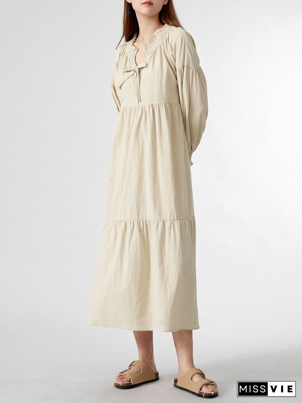 Solid Shirred Long Sleeve Tie Front V-neck Loose Dress