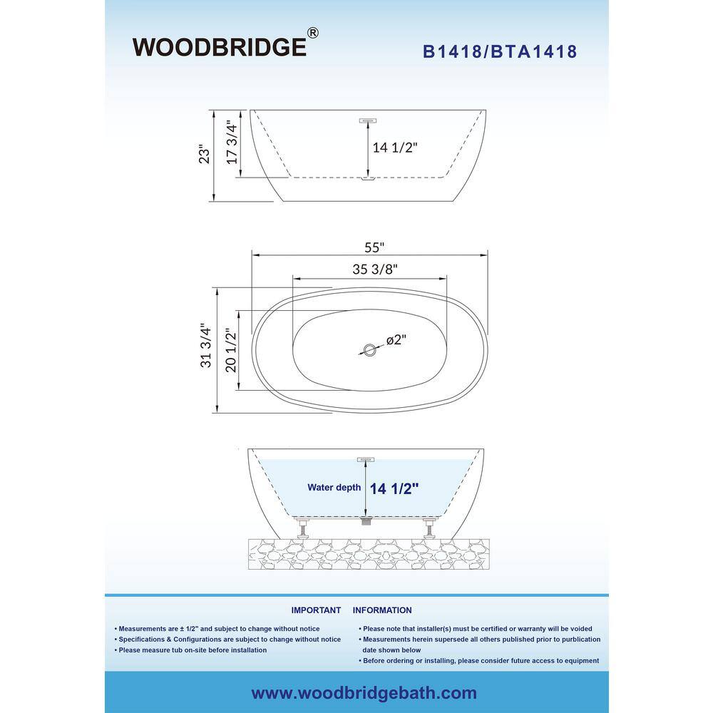 WOODBRIDGE Arras 55 in. Acrylic FlatBottom Double Ended Bathtub with Brushed Nickel Overflow and Drain Included in White HBT5840