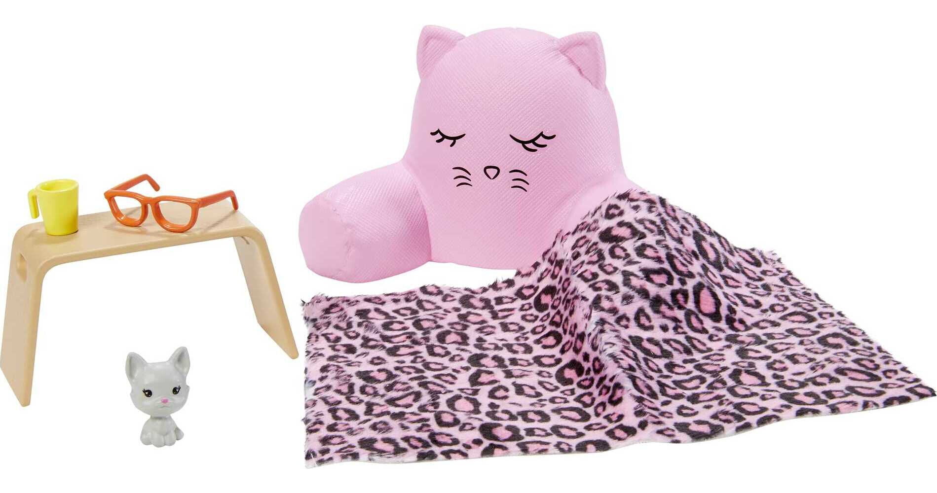 Barbie Doll Lounge Accessory Pack with 6 Pieces, Cozy Pillow, Blanket, Pet Cat and More