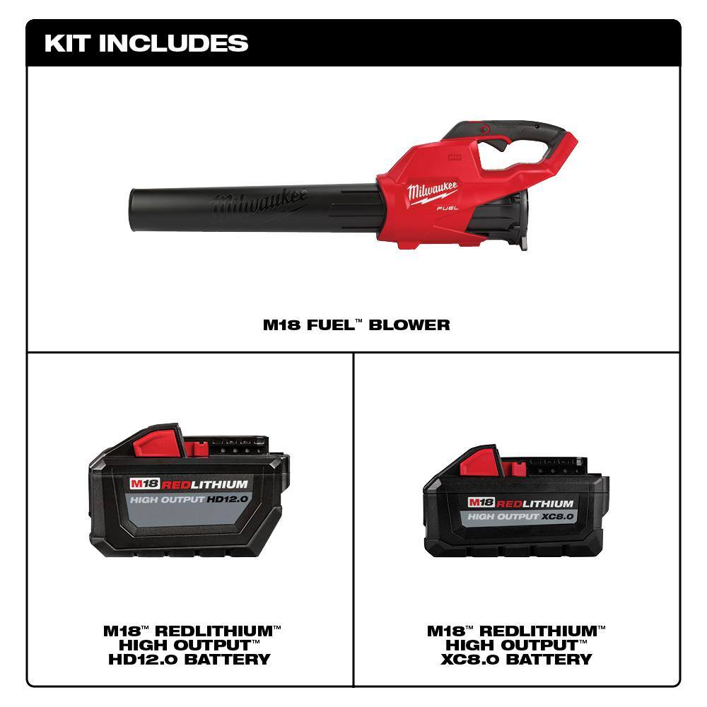 MW M18 FUEL 120 MPH 450 CFM 18-Volt Lithium-Ion Brushless Cordless Handheld Blower with 12 Ah and 8 Ah Batteries 2724-20-48-11-1812-48-11-1880