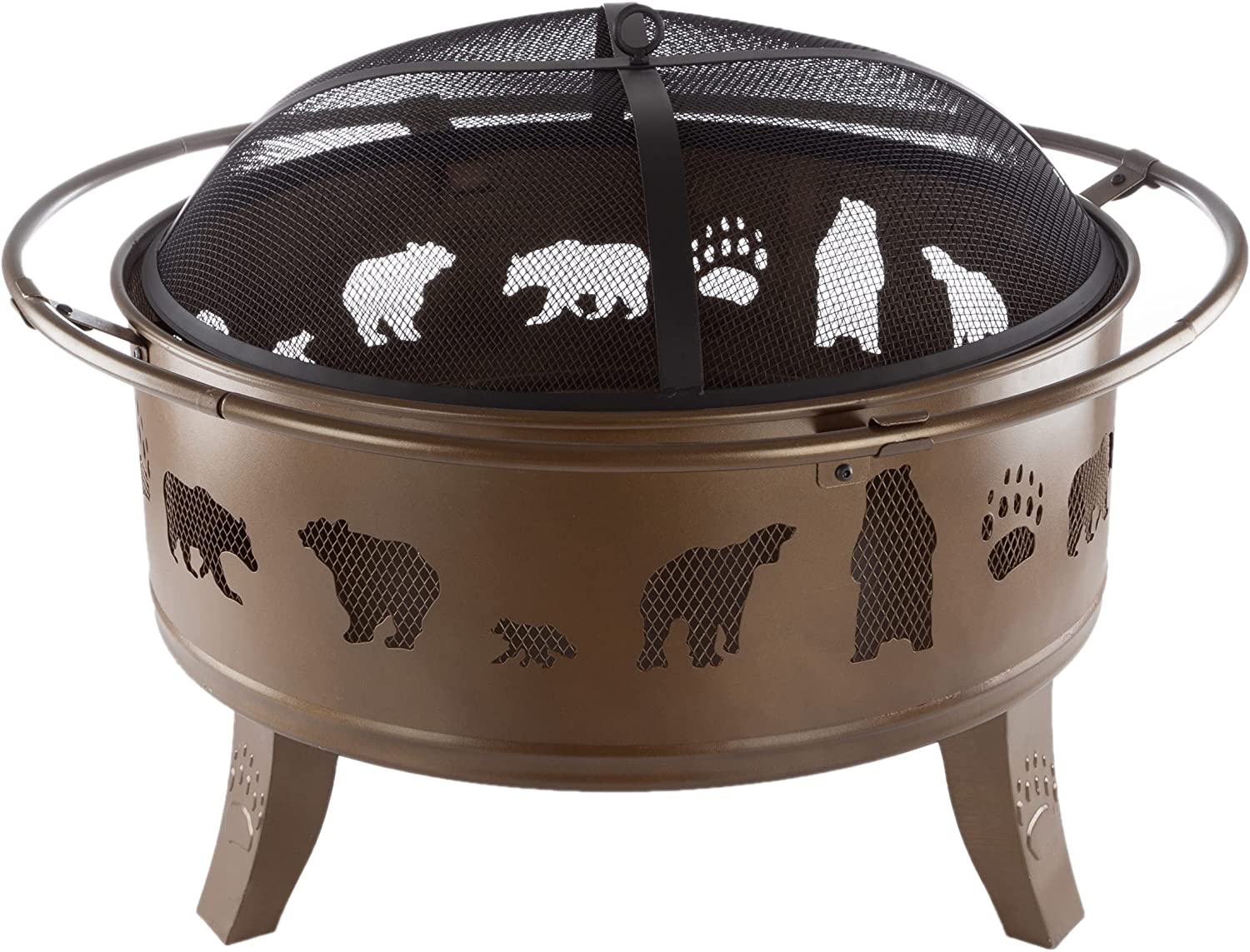 Nature Spring 50-LG1202 32” Outdoor Deep Fire Pit-Round Large Steel Bowl with Bear Cutouts， Mesh Spark Screen， Log Poker and Storage Cover-Patio Wood Burning， Antique Gold