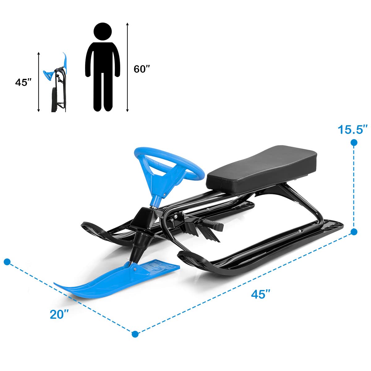 Costzon Snow Racer Sled, Ski Sled with Steering Wheel & Twin Brakes, Durable Steel Frame