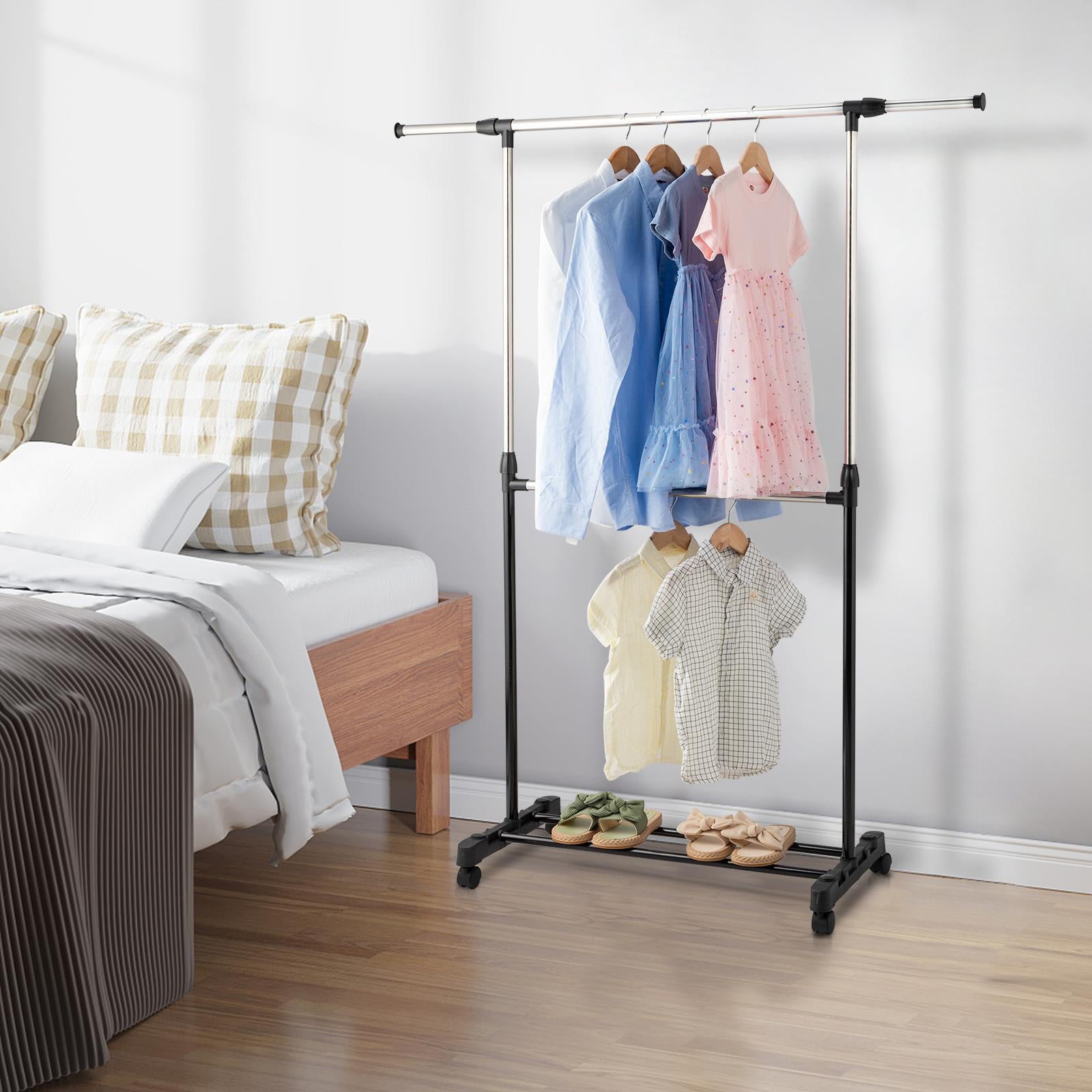 Zimtown Rolling Clothes Rack Single Rail Hanging Garment Bar Drying Display Adjustable