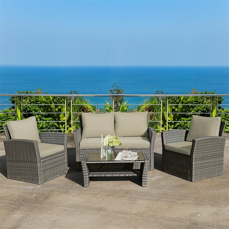 4 Pcs Rattan Patio Sectional Furniture Set with Storage Shelf Table, Cushioned Outdoor Wicker Conversation Sofa Set