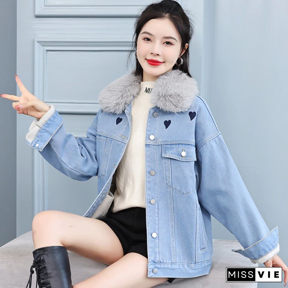 Heart Print Denim Jacket Women Winter Fashion Fur Collar Jeans Jacket Students Casual Thick Oversized Coat Outwear