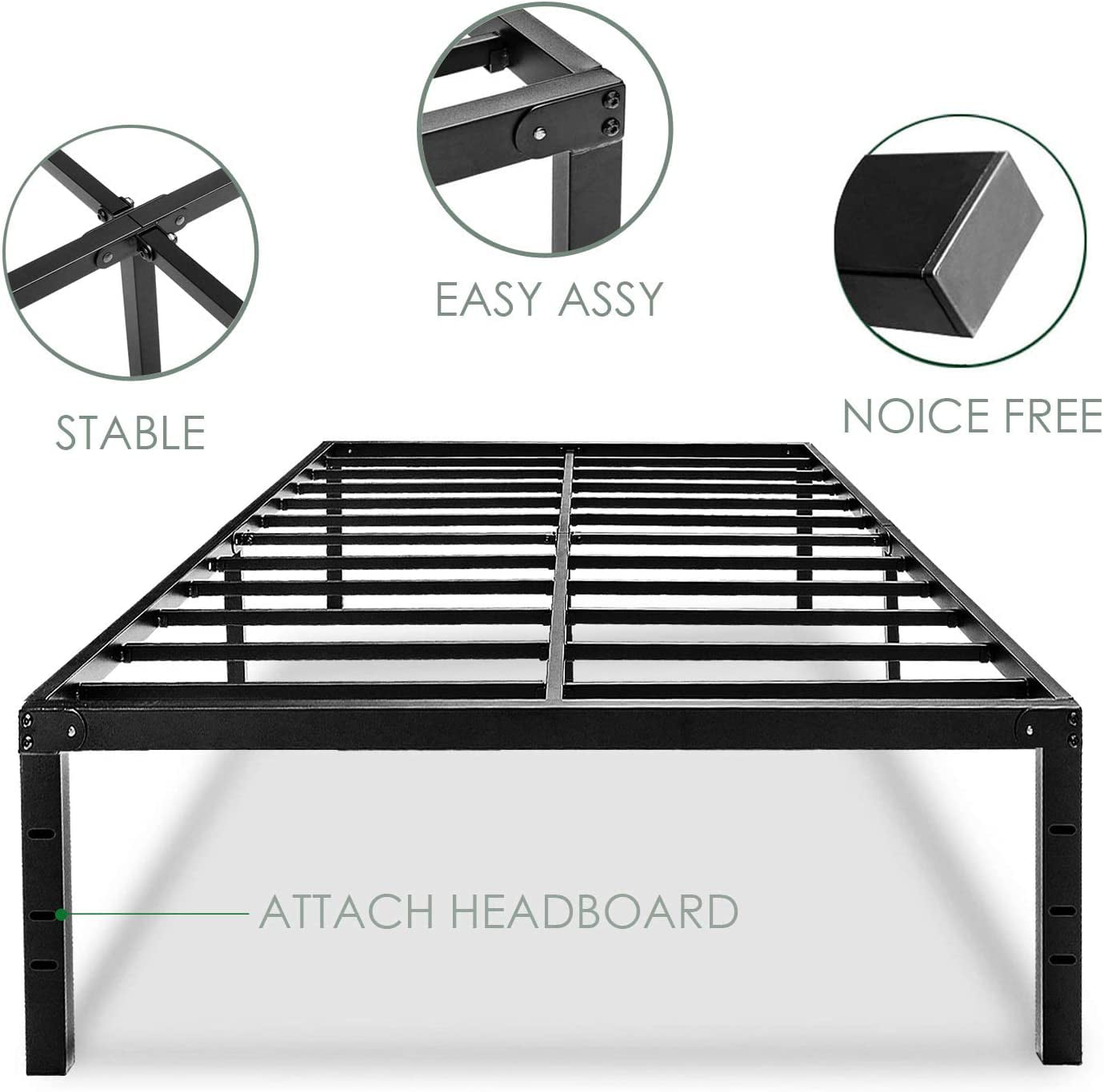 FOYUEE Queen Platform Bed Frame 18" Tall, Bedframe No Box Spring Needed with Storage Metal Black