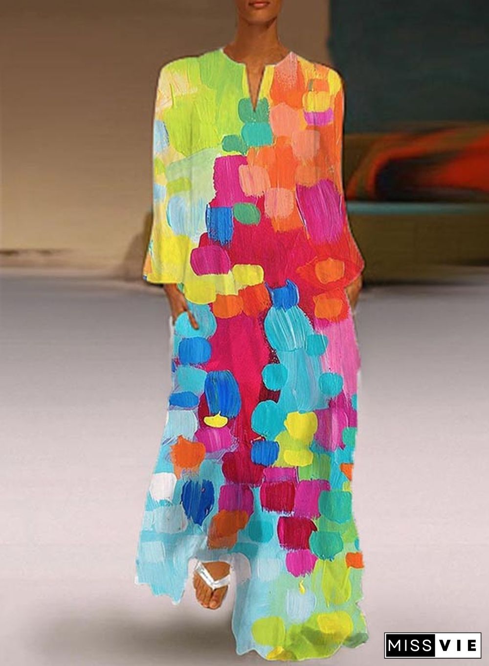 Casual Colorful Abstract Art Print V-neck Long-sleeved Dress