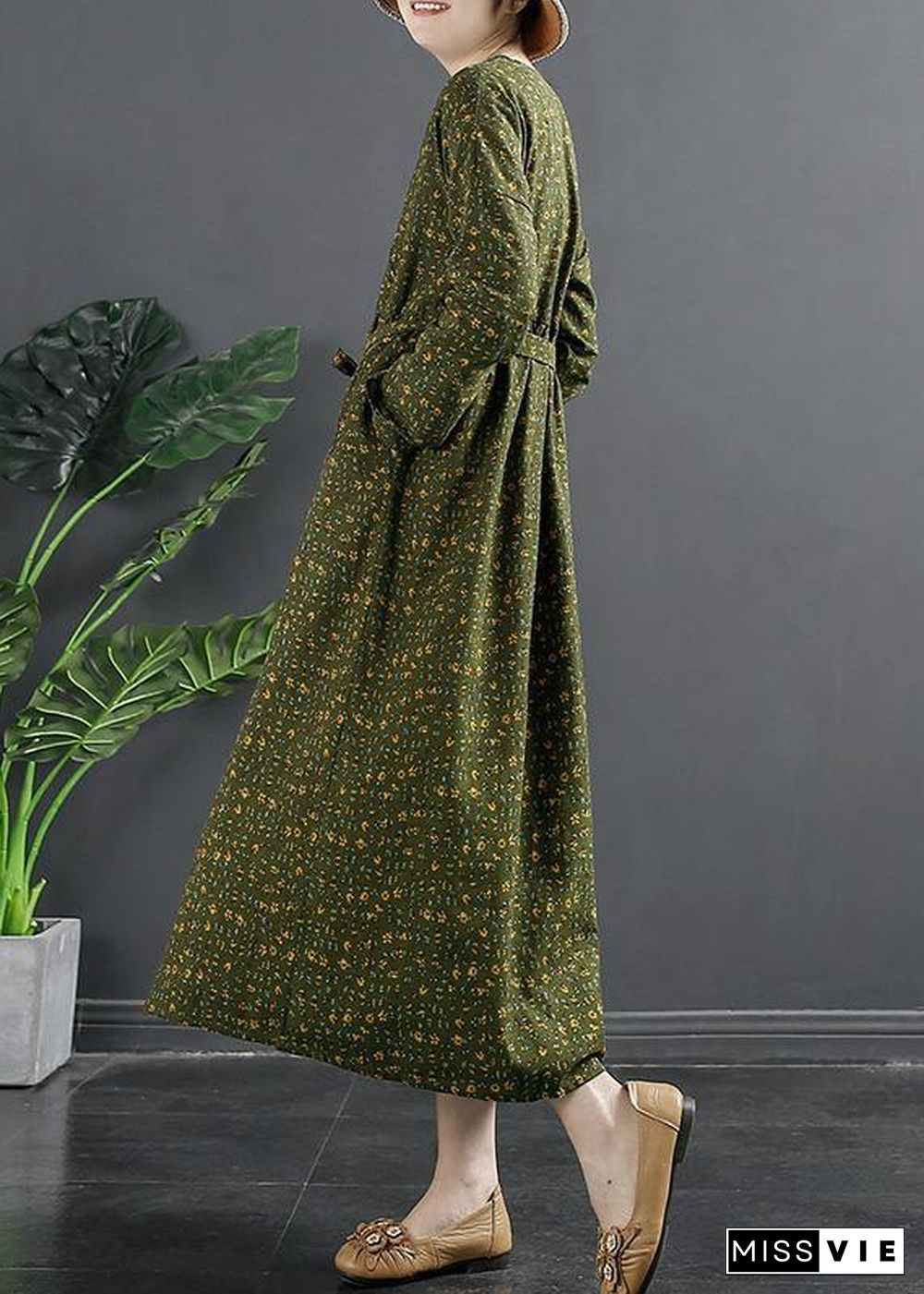 DIY Green Print Quilting Clothes V Neck Maxi Dresses