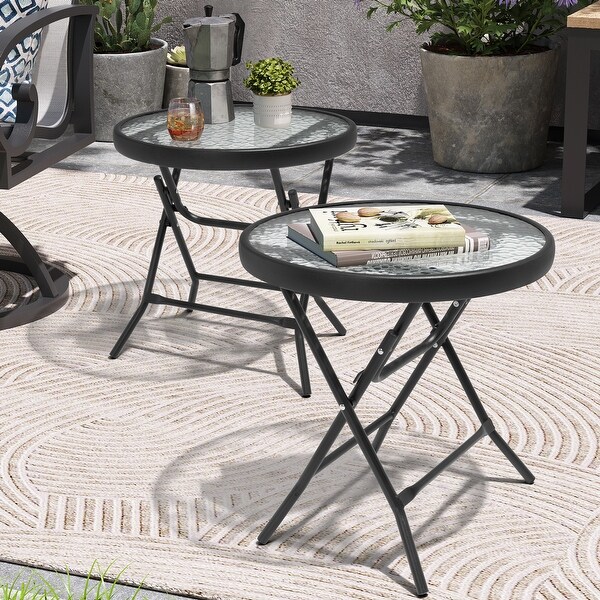 Crestlive Outdoor Side Table Patio Small Folding Table with Tempered Glass Table Top