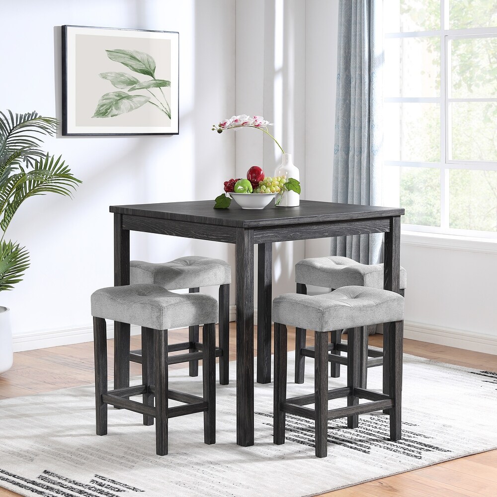 5 Piece Dining Table Set with 4 Bar Stool  Kitchen Wood Pub Bar Table and Chairs Set for Breakfast Nook Small Space  Black+ Gray