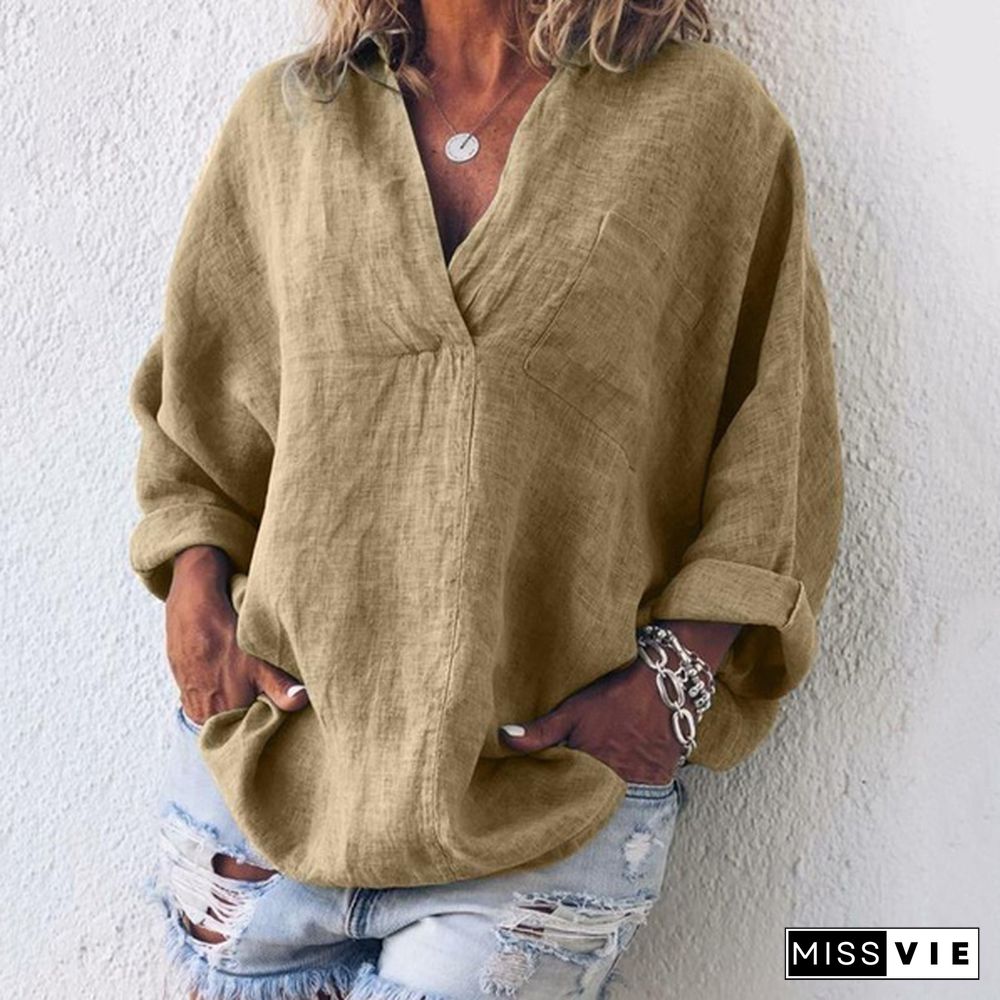 XS-8XL Spring Summer Clothes Plus Size Tops Fashion Women's Tunics Deep V-neck Shirts Ladies Long Sleeve Pullover Loose T-shirts Solid Color Linen Blouses