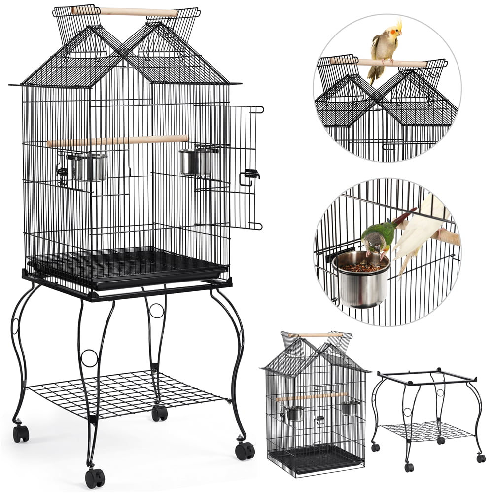 Topeakmart 57''H Open Top Metal Parrot Cage Rolling Birdcage with Perches， Black