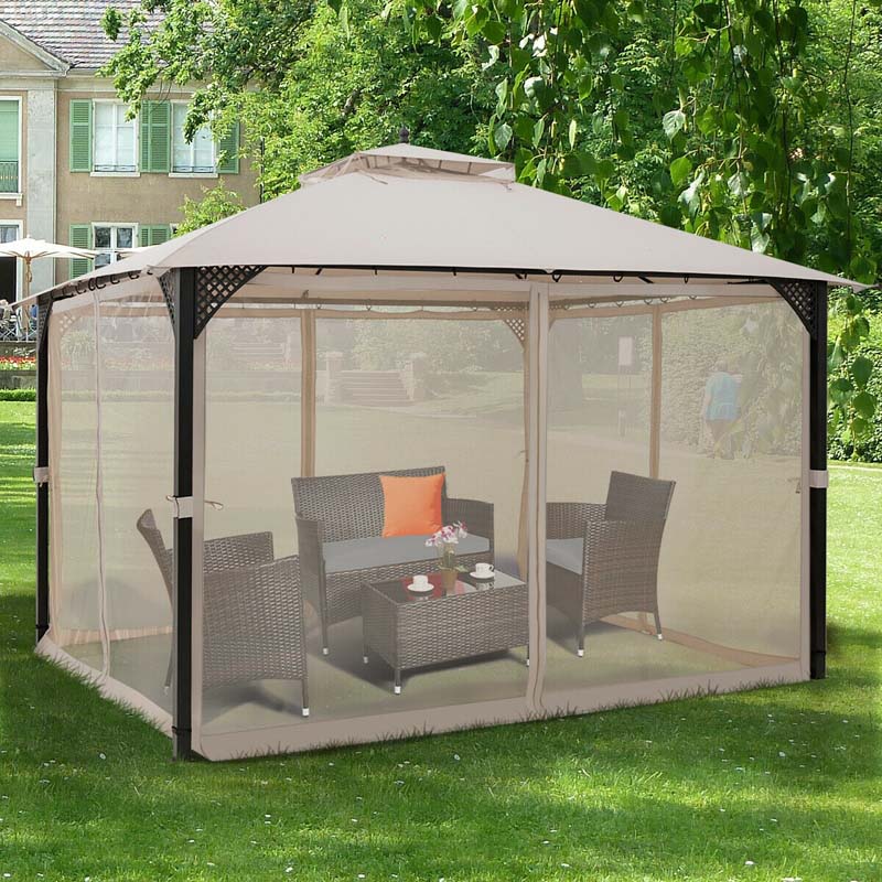 12 x 10 FT Patio Metal Gazebo with Netting & 2 Tier Roof, Heavy Duty Outdoor Canopy Gazebo Tent for Party