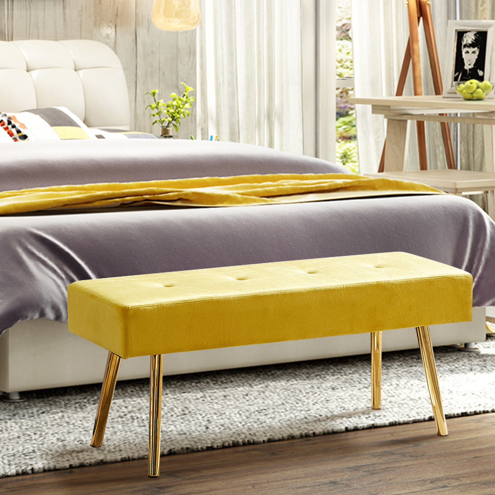 KUIKUI Long Bench Bedroom Bed End Stool Bed Benches Yellow Tufted Velvet With Gold Legs