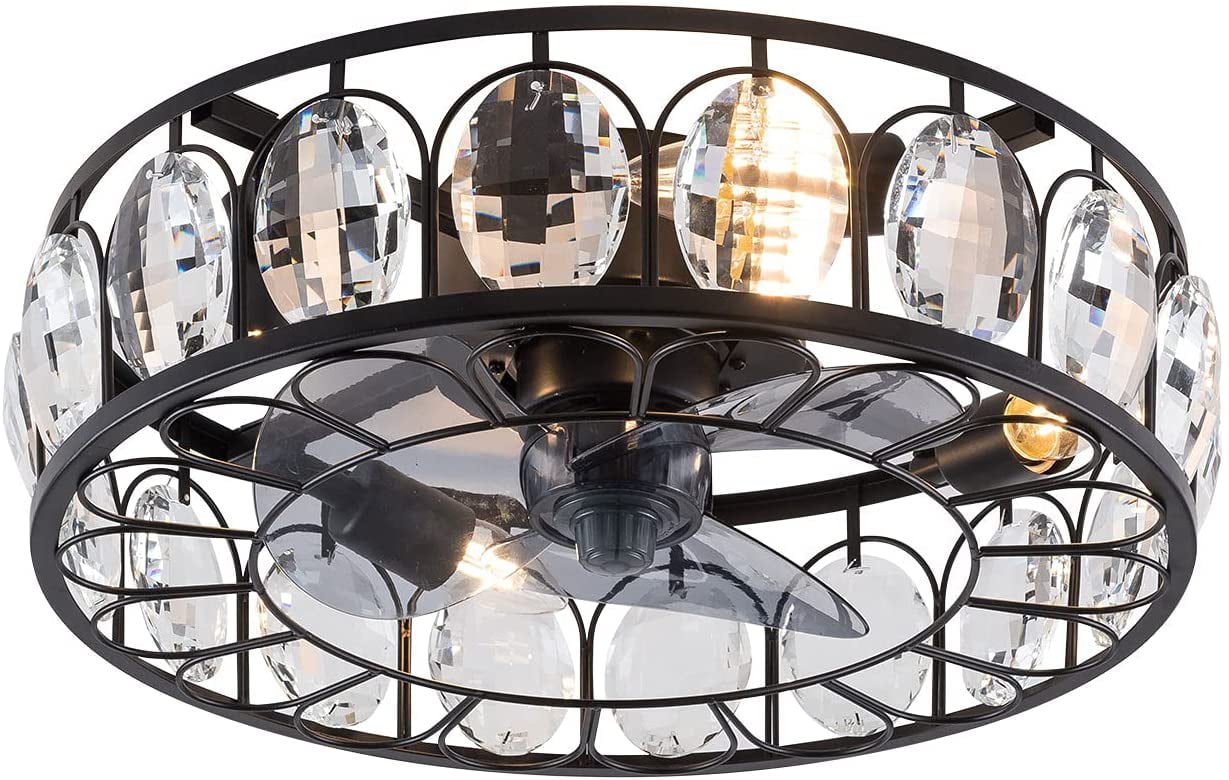 TFCFL Crystal Caged Low Profile Ceiling Fan with Light, 3 Speeds Adjustable,Enclosed Ceiling Fan Lights with Remote 18 inch