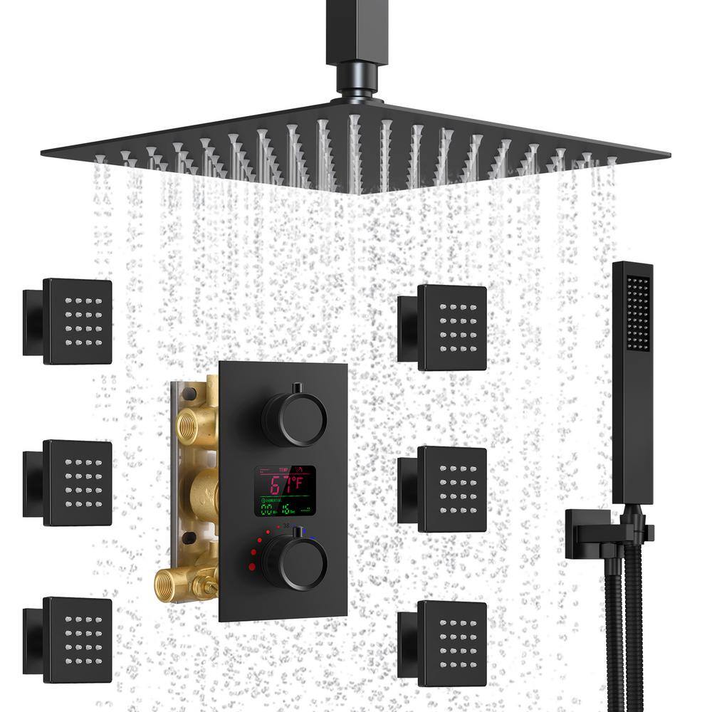 CRANACH 3-Spray Ceiling Mount 2.5 GPM Dual Shower Head Fixed and Handheld Shower Head in Matte Black (Valve Included) SFS1015-BK12-1