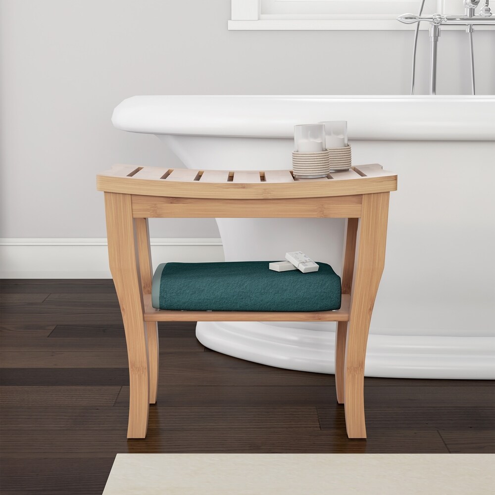 Shower Bench Water Resistant Natural Eco Friendly Bamboo with Storage Shelf for Bathroom  Spa or Sauna by Lavish Home