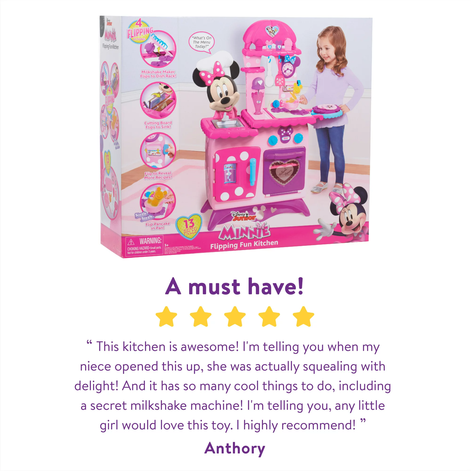 Disney Junior Minnie Mouse Flipping Fun Pretend Play Kitchen Set， Play Food， Realistic Sounds， Kids Toys for Ages 3 up