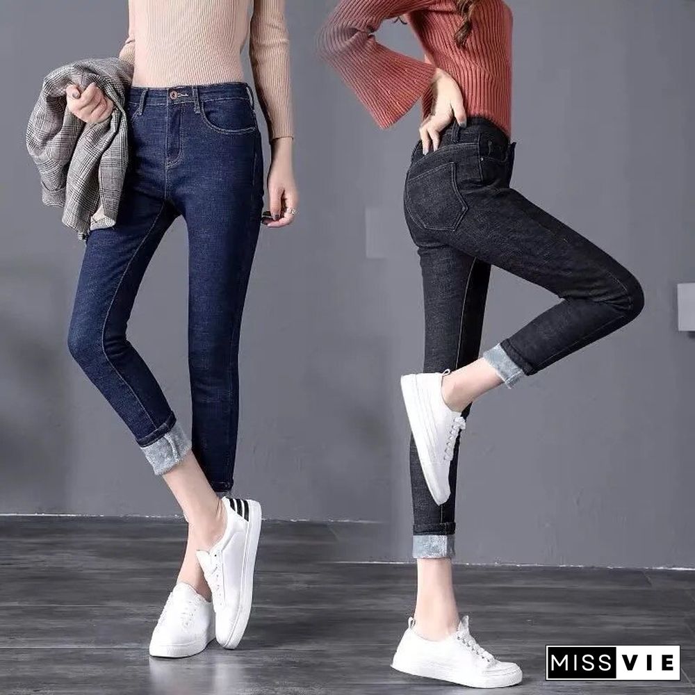 Winter Thick Warm Velvet Pants Female Fashion High Waist Stcaked Jeans Women Slim Fit StretchTrousers Denim Pencil Jean Mujer