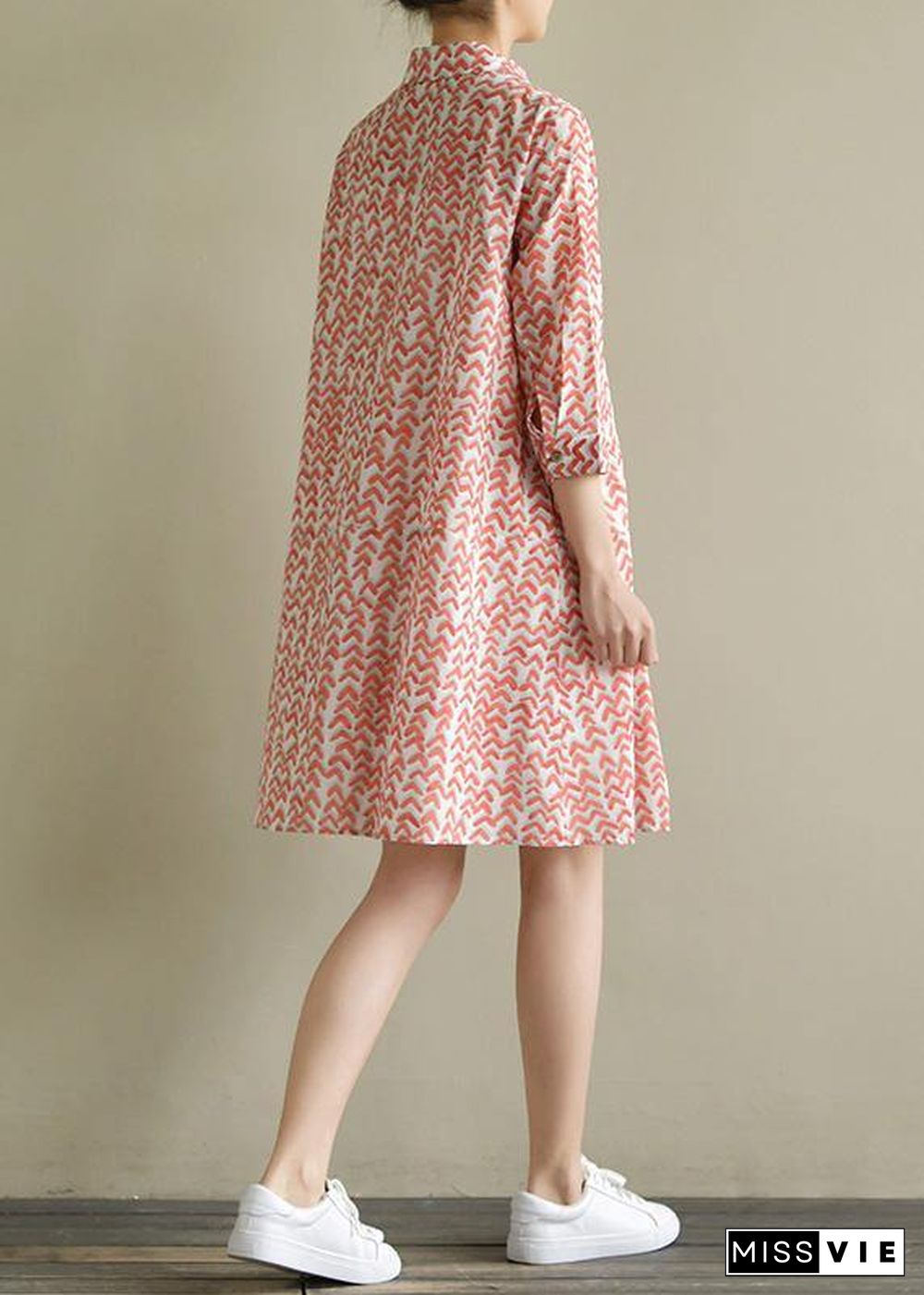 Natural half sleeve lapel Chiffon Long Shirts Work red print Dress summer