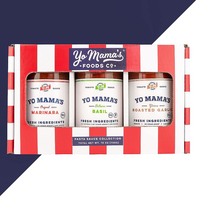 Yo Mama's Foods Gourmet Keto Gift Set and Care Package - Includes (1) Marinara Sauce (1) Tomato Basil and (1) Roasted Garlic - Low-Sugar， Carb， Sodium， Gluten-Free， and Fresh Ingredients - 3pack