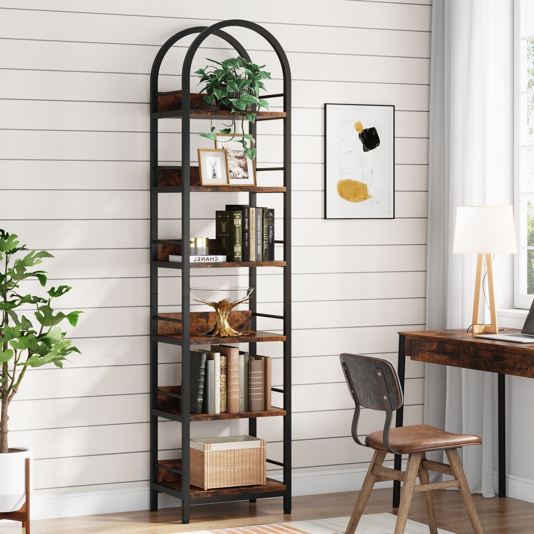 6-Tier Bookshelf, 78.7 Narrow Bookcase Arched Display Shelf