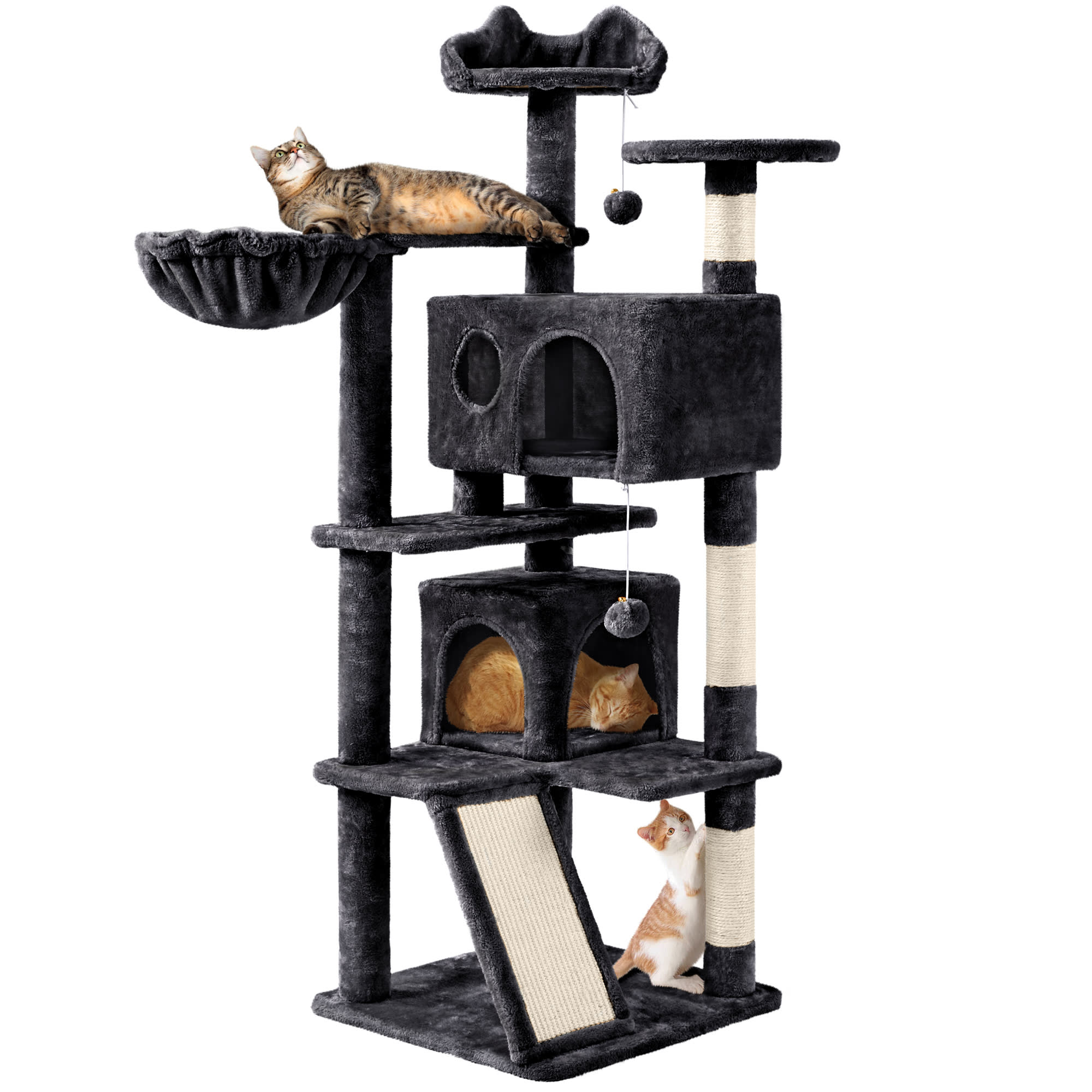 Topeakmart Black Plush Cat Tree with 2 Condos for Kittens， 55