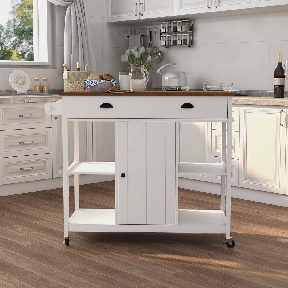 FUNKOL 5-Tier White Wood Top 39.57 in. W Freestanding Kitchen Island Trolley Cart With Adjustable Shelf W282dx42474