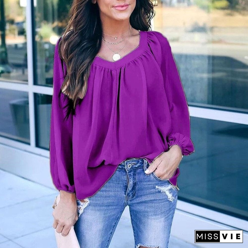 XS-8XL Women's Spring and Autumn Casual Long Sleeve Shirts Pure Color V-neck Tops Lace Up Loose Clothes Elegant Ladies Fashion Plus Size Chiffon Blouse