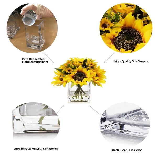 Enova Home Mixed Artificial Sunflowers Arrangement in Glass Vase For Home Office Centerpiece Table Decoration