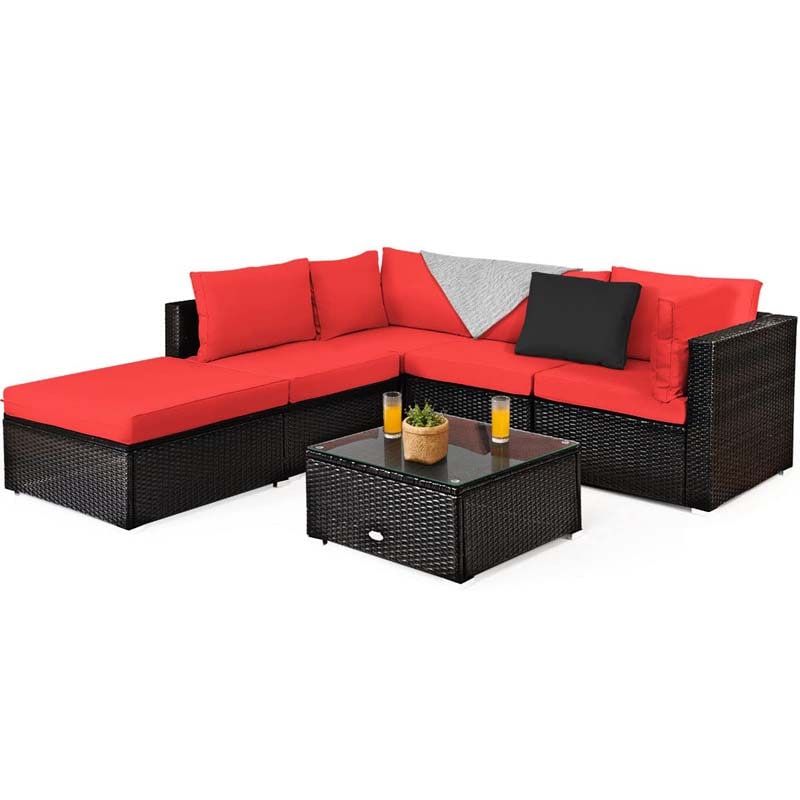 6 Pcs Outdoor Rattan Sectional Sofa Set with Coffee Table & Removable Seat & Back Cushions