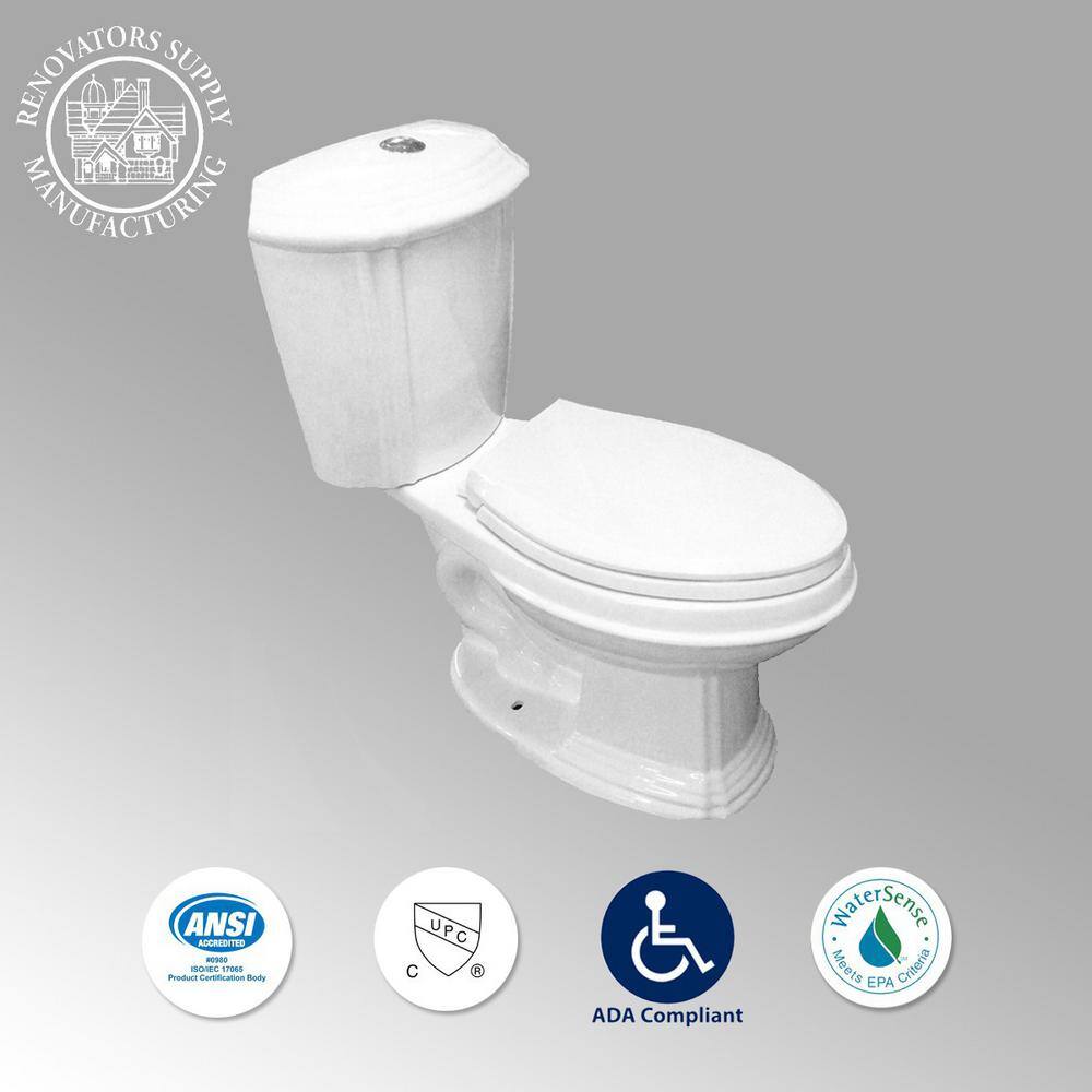 RENOVATORS SUPPLY MANUFACTURING Sheffield 2-Piece 0.8 GPF1.6 GPF WaterSense Dual Flush Elongated Toilet in White with Slow Close Seat 10783