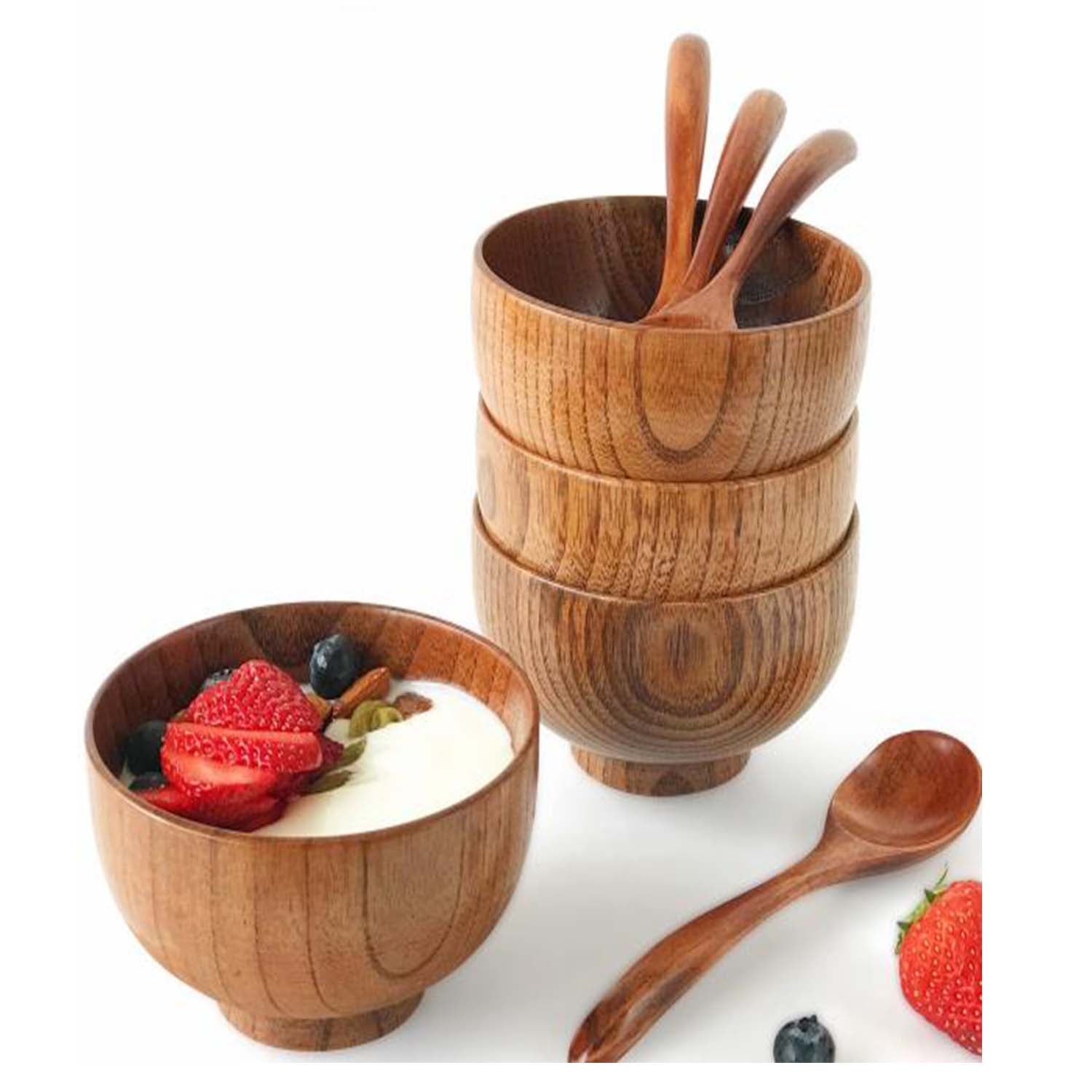 Small Wooden Bowls and Spoons， Portion Control Bowls for Snack， Dessert， Japanese Serving Bowls for Rice， Soup， Solid Wood Bowls for Decor 4 Bowls with 4 Spoons