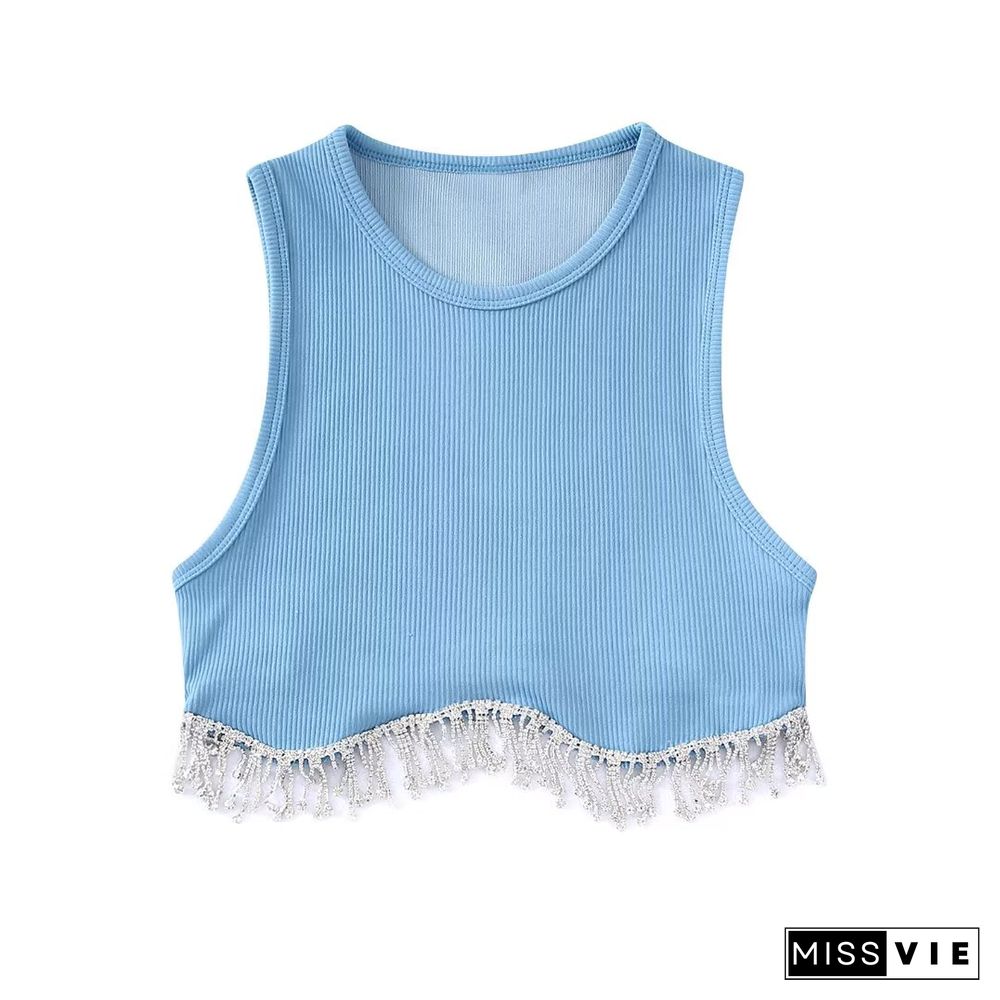 Women High Street Sexy Hem Tassel Diamond Beading Knitting T-Shirt Chic Short Camis Tank Lady Slim Crop Vest Tops Ls1311