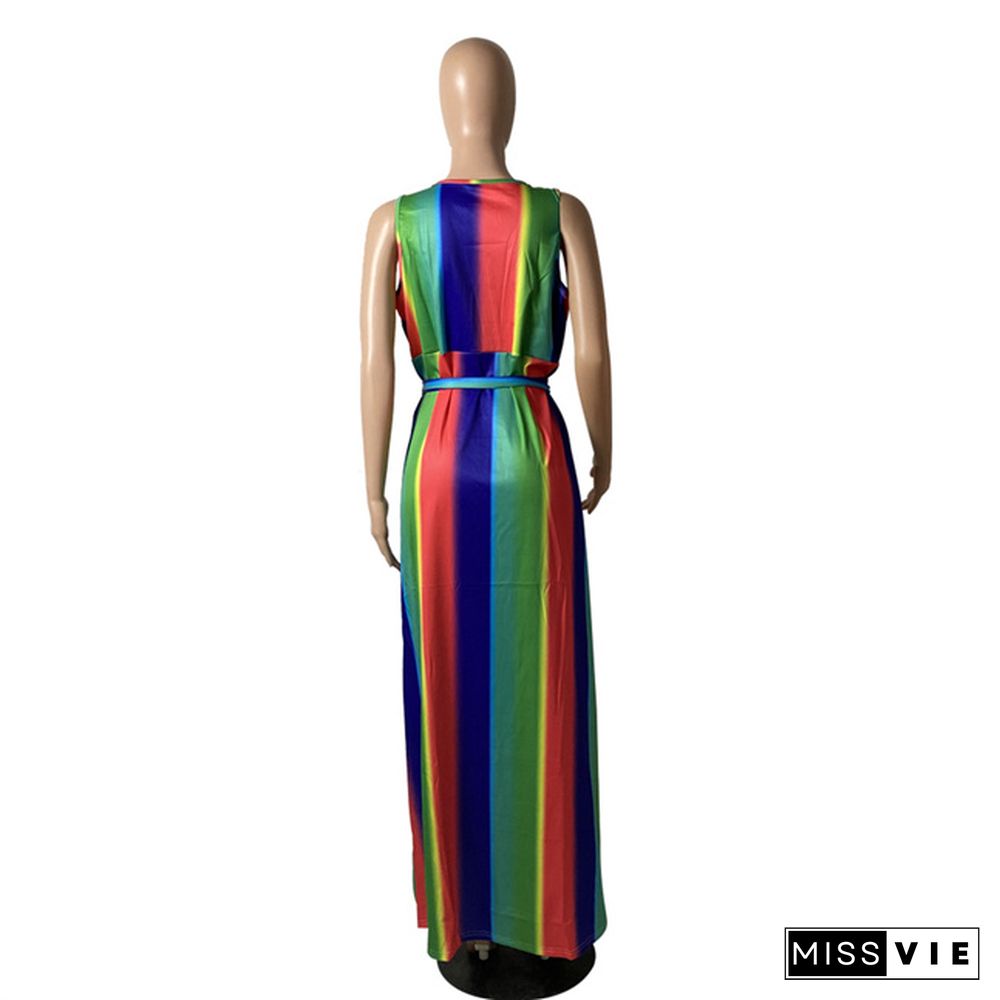 Women Elegant Rainbow Striped Print Sleeveless Summer Sexy Deep V Neck High Slit Maxi Long Dress