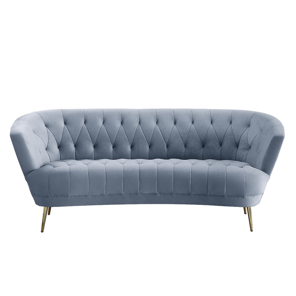 Velvet Upholstered Sofa with Metal Legs in Light Gray and Gold