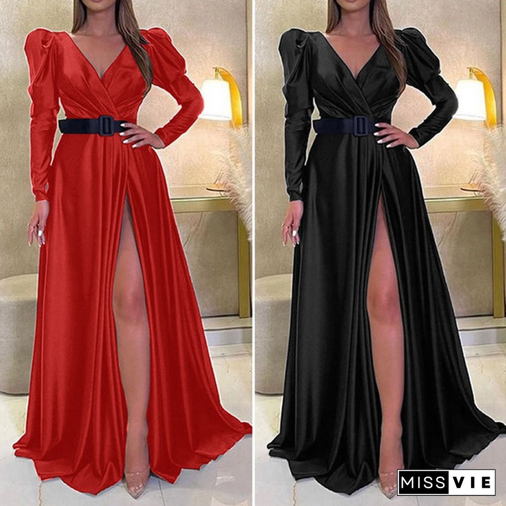 Womens V-Neck Cocktail Prom Sexy Kaftan Evening Split Silky Satin Maxi Dress Party Plus Size