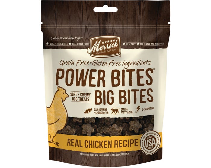 Merrick Power Bites Dog Treats Big Bites Real Chicken Recipe， 6 oz. Pouch