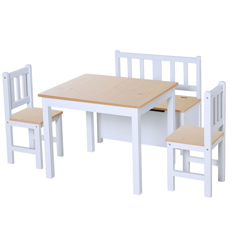 Qaba 4 Piece Kids Table Set with 2 Wooden Chairs 1 Storage Bench and Interesting Modern Design Natural/White