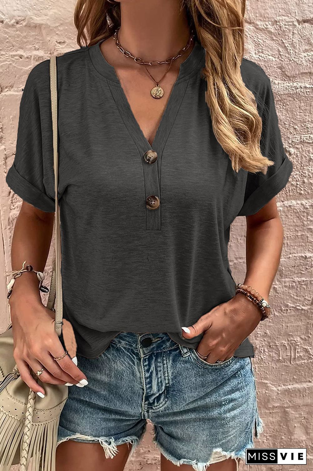 Plain V Neck Buttoned Tee