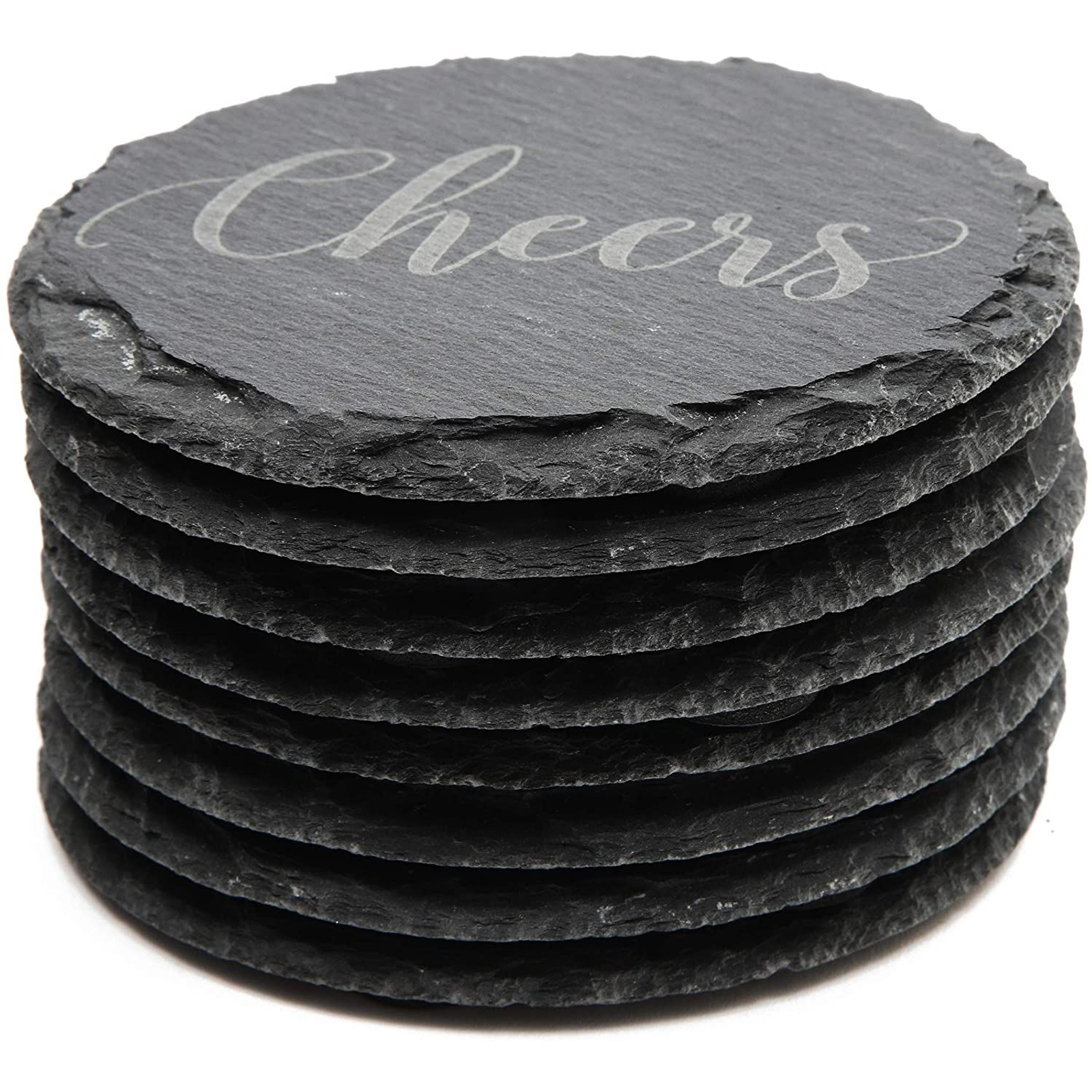 8-Pack Round Black Slate Stone Coasters Set for Drinks Cups with Steel Holder Stand 3.8-inch