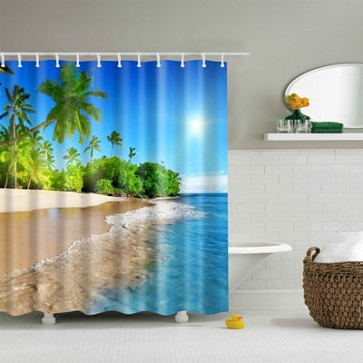 New Colorful Eco-friendly Beach Conch Starfish Shell Polyester  High Quality Washable Bath Decor Shower Curtains