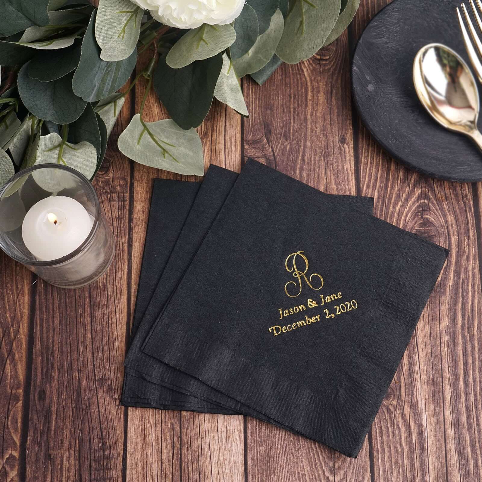 100 Pack Personalized Monogram Paper Cocktail Napkins, Custom Wedding Favors