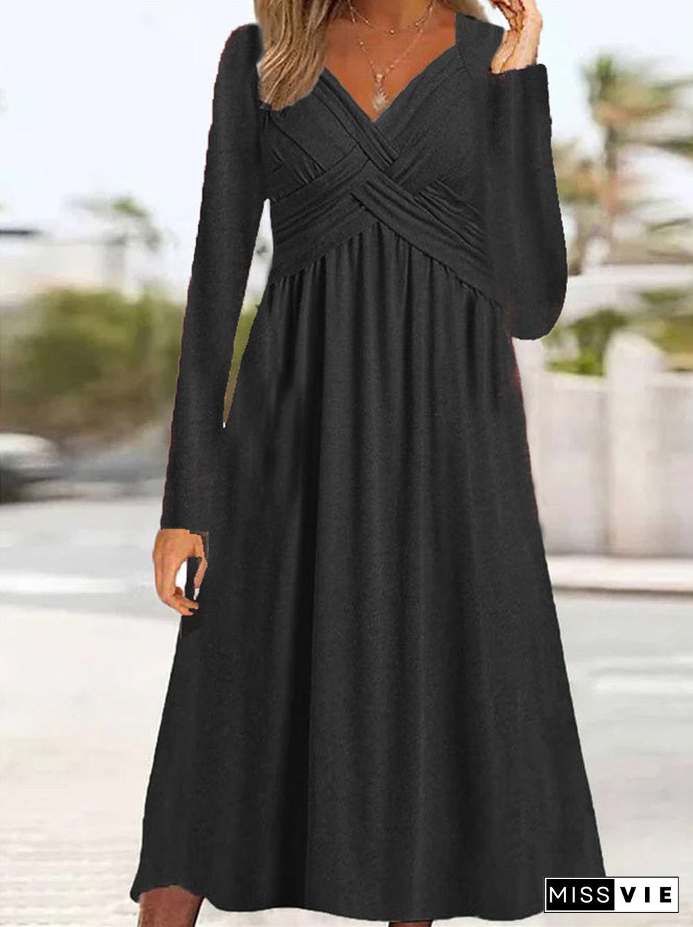 Women's Lace-up Solid Color V-Neck Long Sleeve Maxi Dress