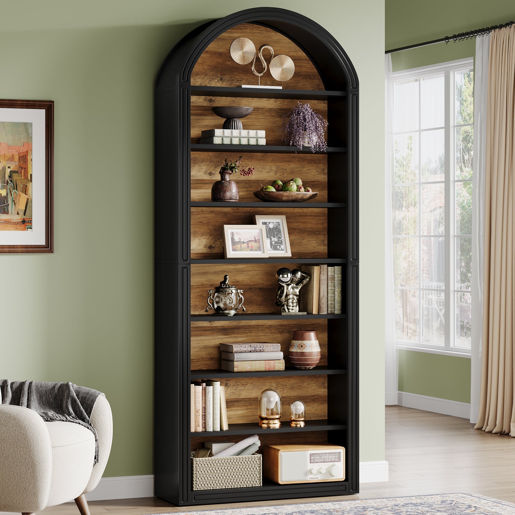 78.7 Bookshelf, Wooden Arched Bookcase Display Shelving Unit