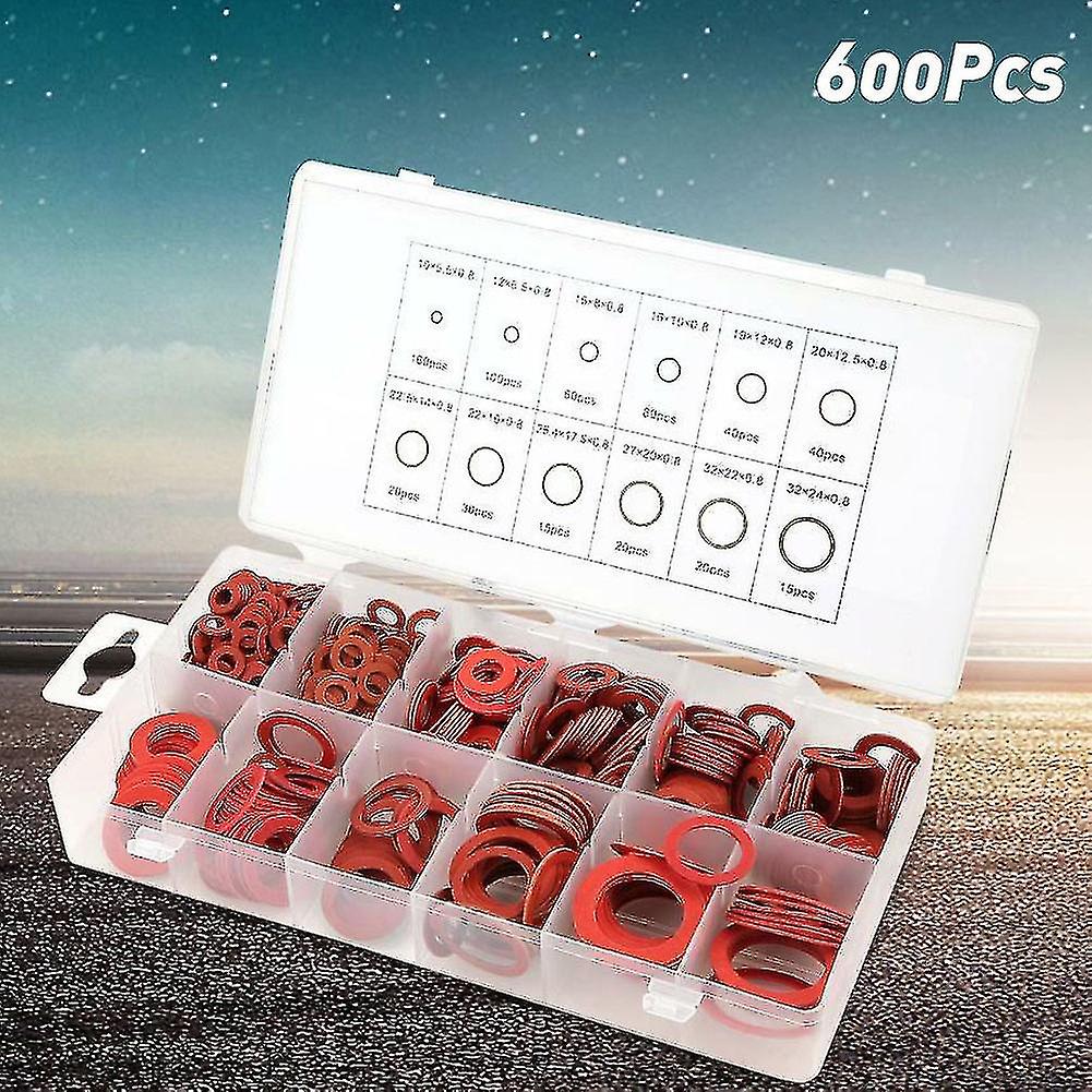 600pcs M10-m32 Assorted Size Red Steel Paper Flat Washer Insulation Gasket Kit