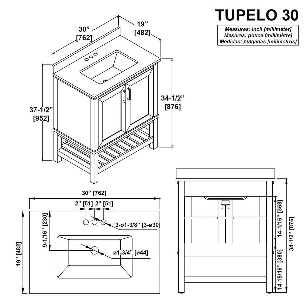 Home Decorators Collection Tupelo 30 in. W x 19 in. D x 34.50 in. H Freestanding Bath Vanity in White with White Engineered Stone Top Tupelo 30W