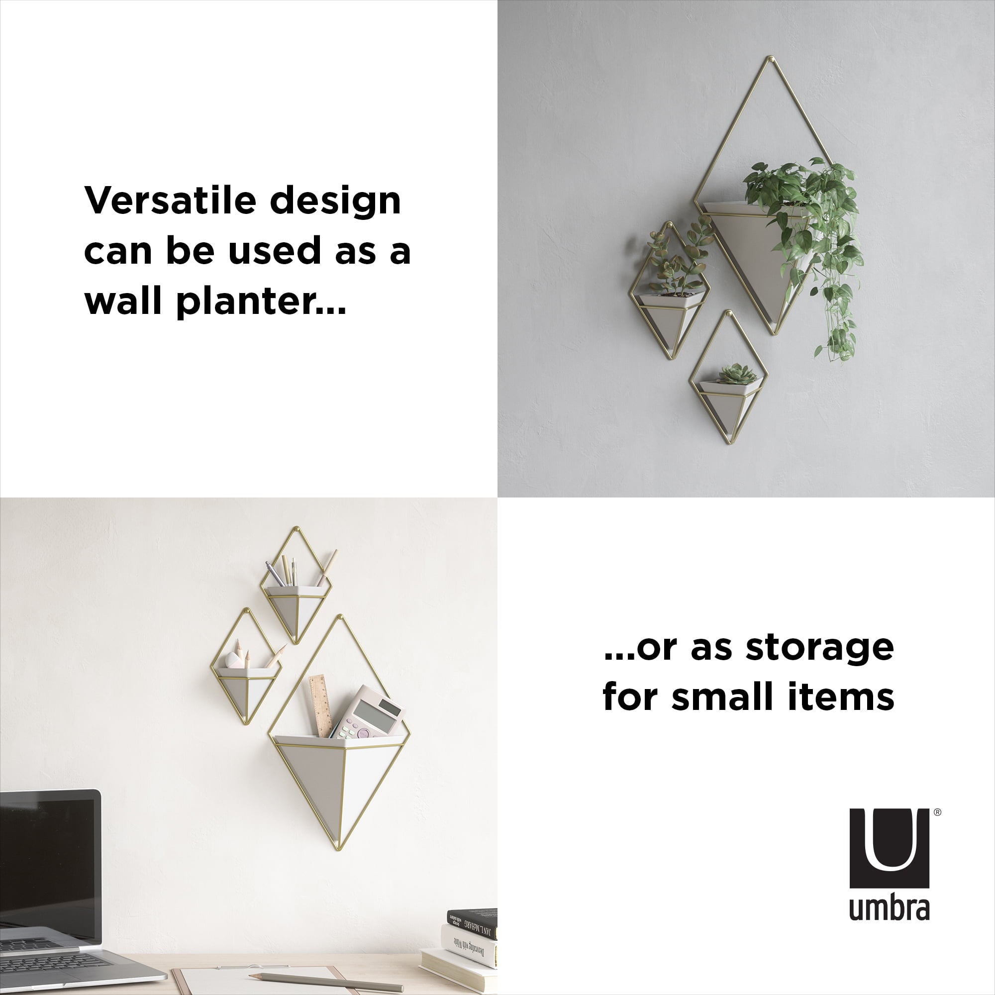 Umbra Trigg Ceramic Hanging Planter Wall Décor, Set of 2 White/Brass