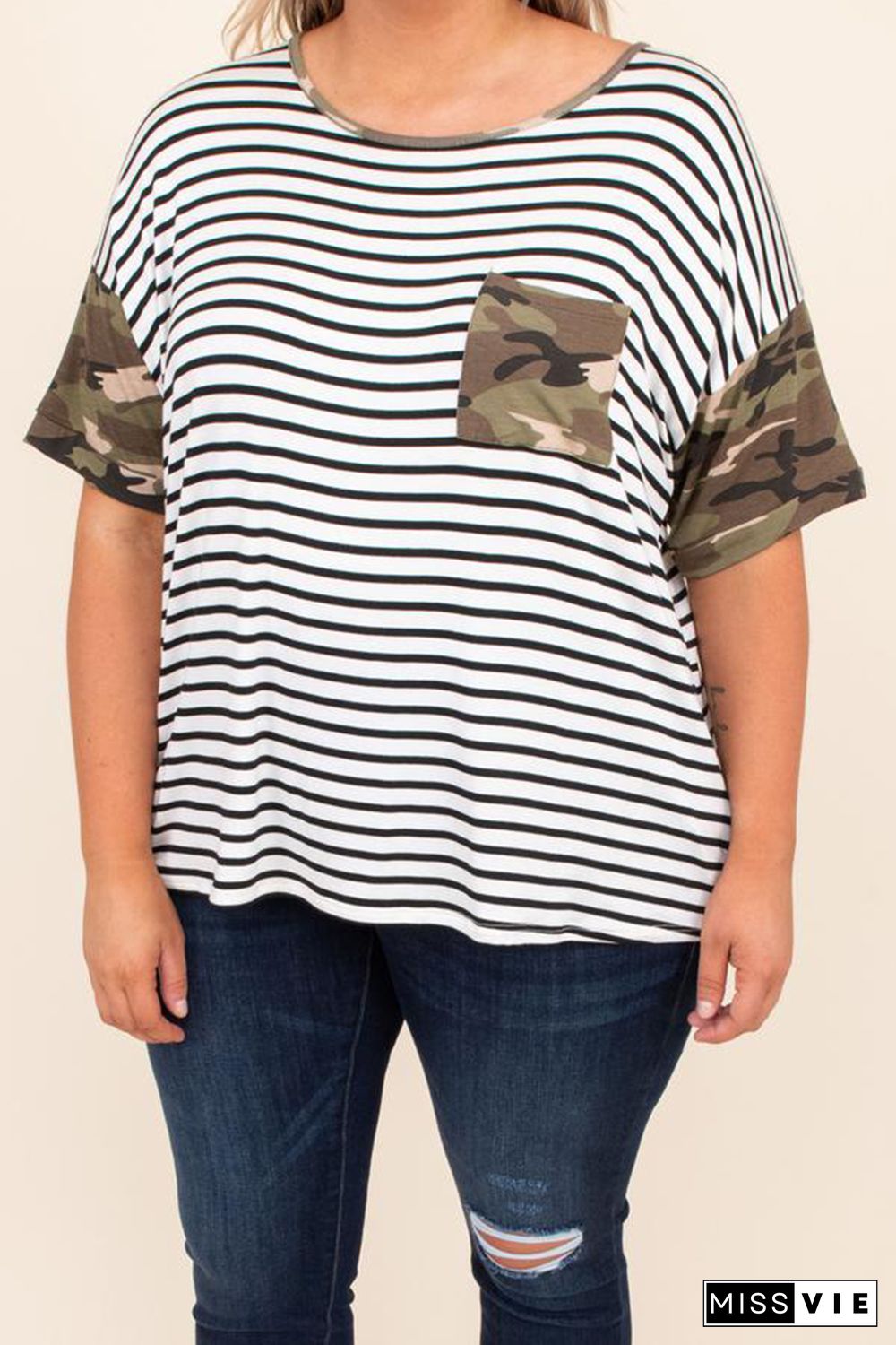 Camo Splicing Striped Plus Size Top